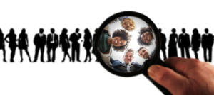 Illustration of a person looking at the target audience through a magnifying glass