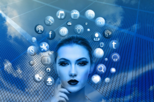 Illustration of a woman with different social media platforms
