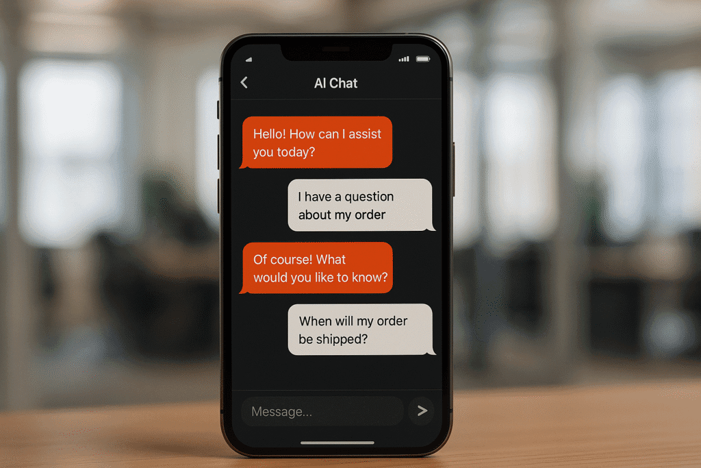 Smartphone screen displaying a live AI chat conversation with orange and white message bubbles, showcasing how Rocket Driver’s Inbox AI Pro engages customers instantly with a natural, brand-aligned tone.
