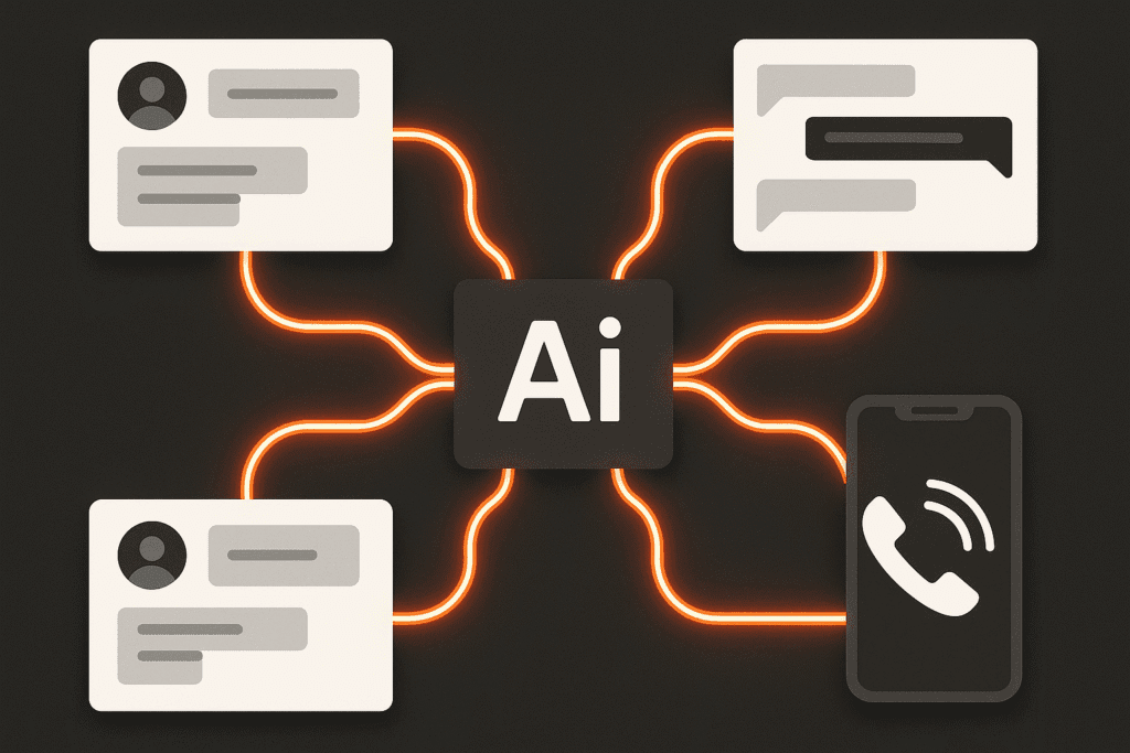 Neon-style AI hub connecting chat, voice, and message boxes with glowing Rocket Orange lines, visualizing how Rocket Driver’s AI unifies communication across multiple channels.