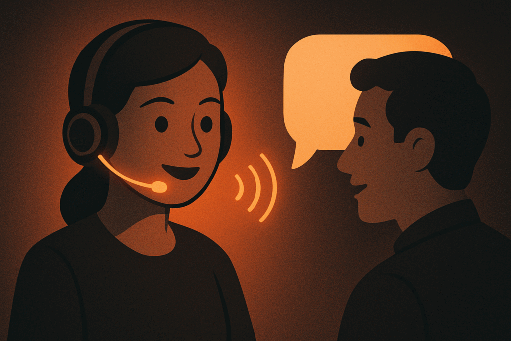 Illustration of a friendly AI voice assistant with a headset speaking to a customer, representing Rocket Driver’s AI receptionist technology that answers and qualifies calls in real time.