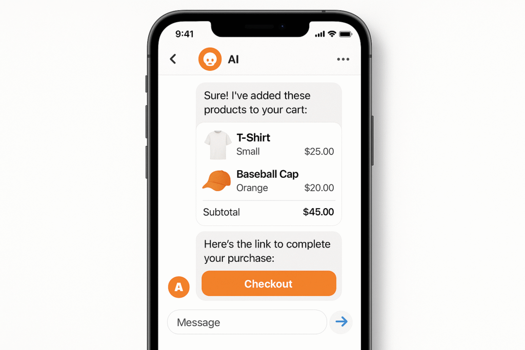 Mobile phone screen showing an AI chat adding a T-shirt and orange baseball cap to the cart, displaying subtotal and checkout button — representing Rocket Driver’s conversational commerce integration with Shopify.