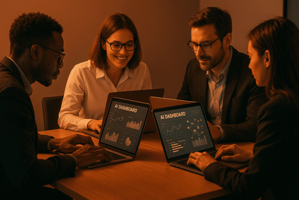 Team of professionals collaborating at a table with laptops displaying AI dashboards, symbolizing Rocket Driver’s white-glove onboarding and configuration service for Inbox AI Pro.