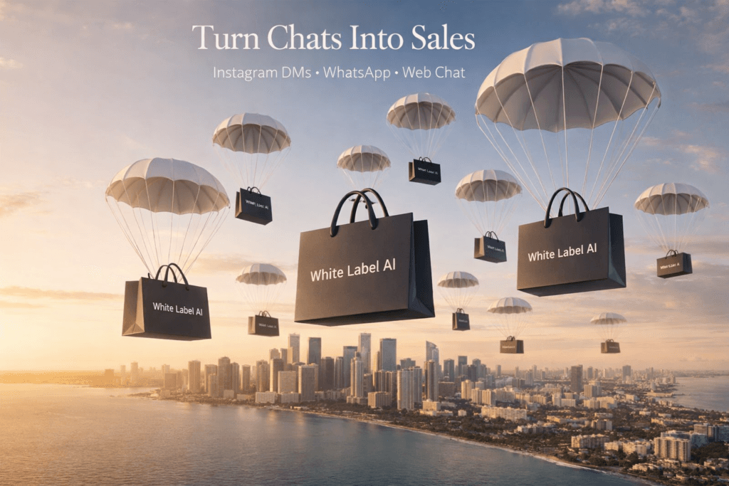 Shopping bags parachuting over the Miami skyline, representing AI-powered conversational commerce turning chats into sales.