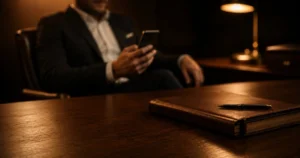 Executive seated behind a warm wooden desk, softly blurred while holding a phone, with a leather notebook, pen, and desk lamp in a cinematic office setting.