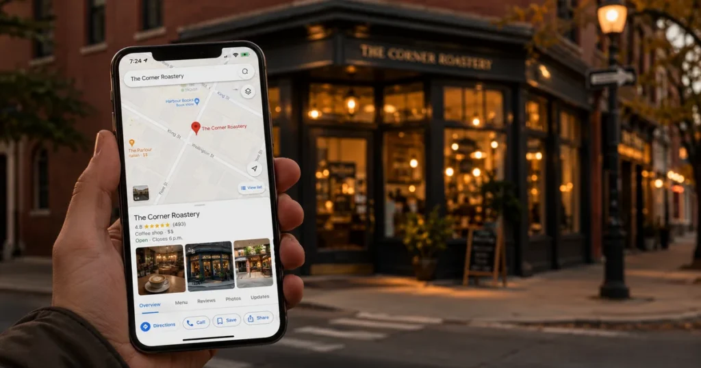 Smartphone showing a Google Business Profile listing on Google Maps in front of the matching local storefront at dusk