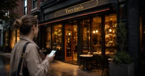 Customer pausing outside a glowing neighborhood café she found through an AI search recommendation at dusk.