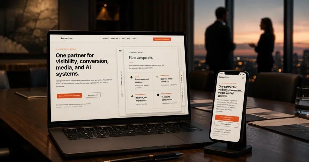 Laptop and smartphone on a conference table at dusk displaying the Rocket Driver website, representing marketing and communications as connected business growth systems