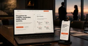 Laptop and smartphone on a conference table at dusk displaying the Rocket Driver website, representing marketing and communications as connected business growth systems