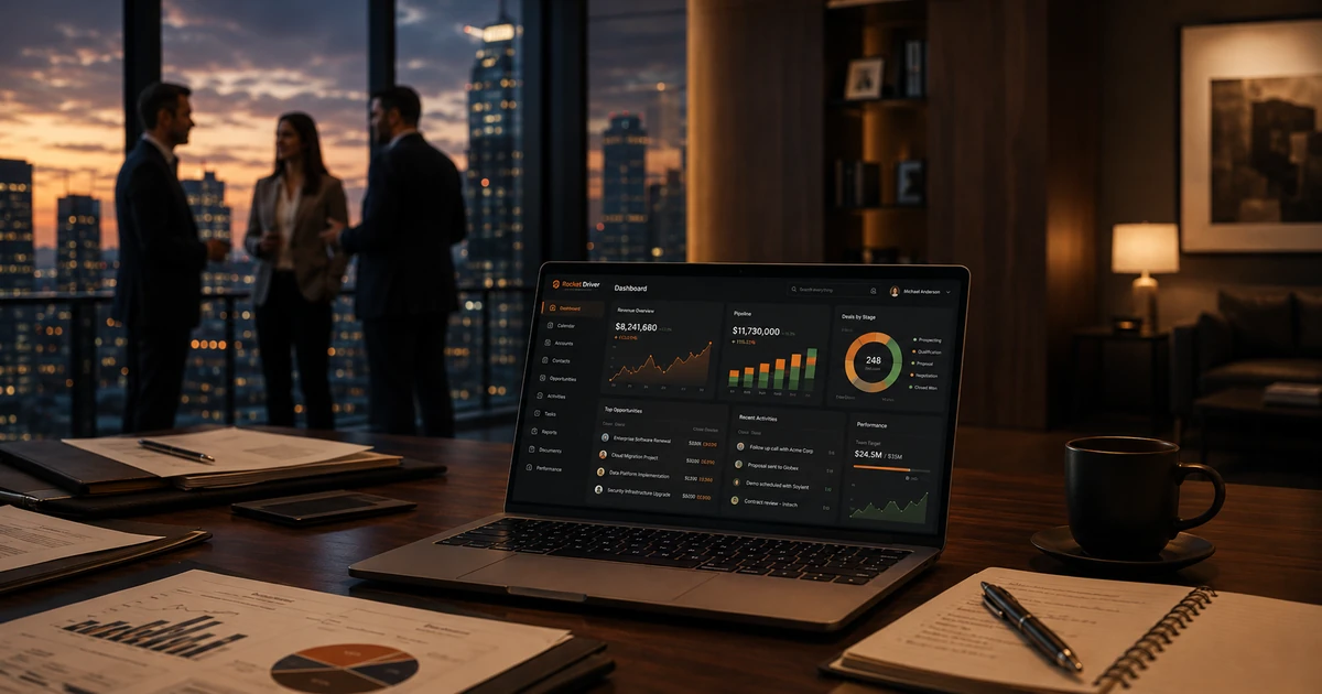 Connected business systems on screens in an operations room at dusk
