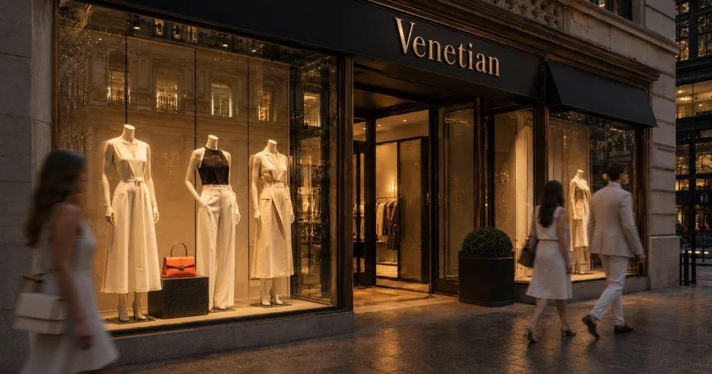 Venetian luxury boutique storefront at dusk with summer mannequins, an orange handbag, and well-dressed pedestrians passing b