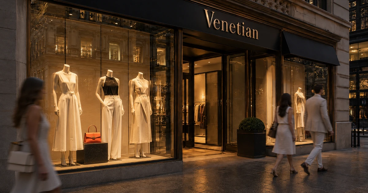Luxury boutique storefront at dusk with shoppers passing
