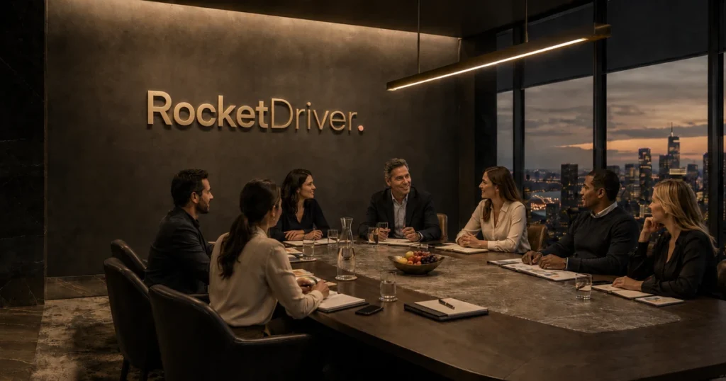 Business professionals meeting around a modern boardroom table with paperwork, water glasses, and fruit, overlooking a city skyline at dusk.