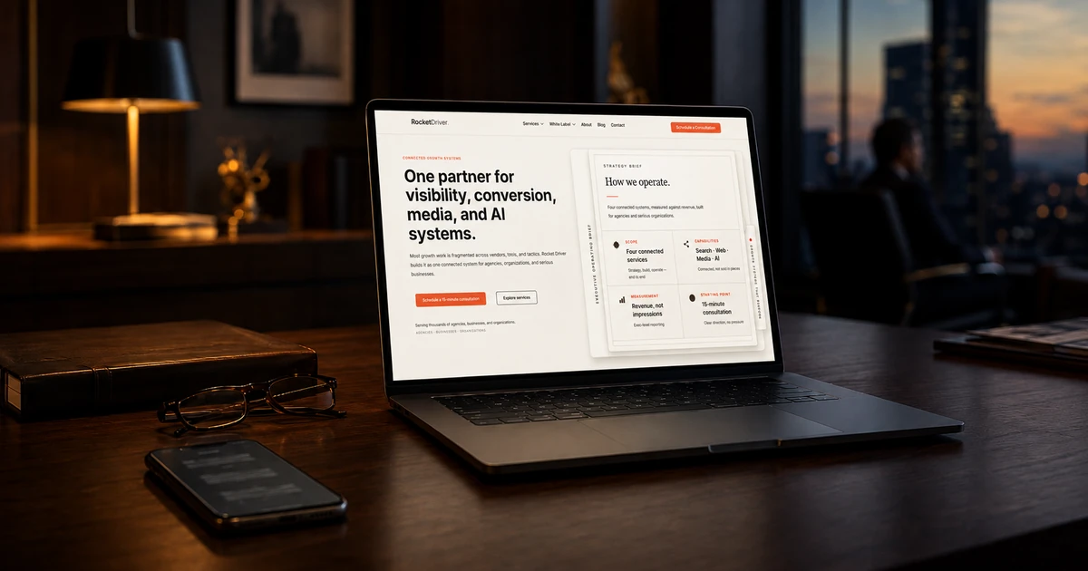 Laptop displaying a business website in a warm office at dusk