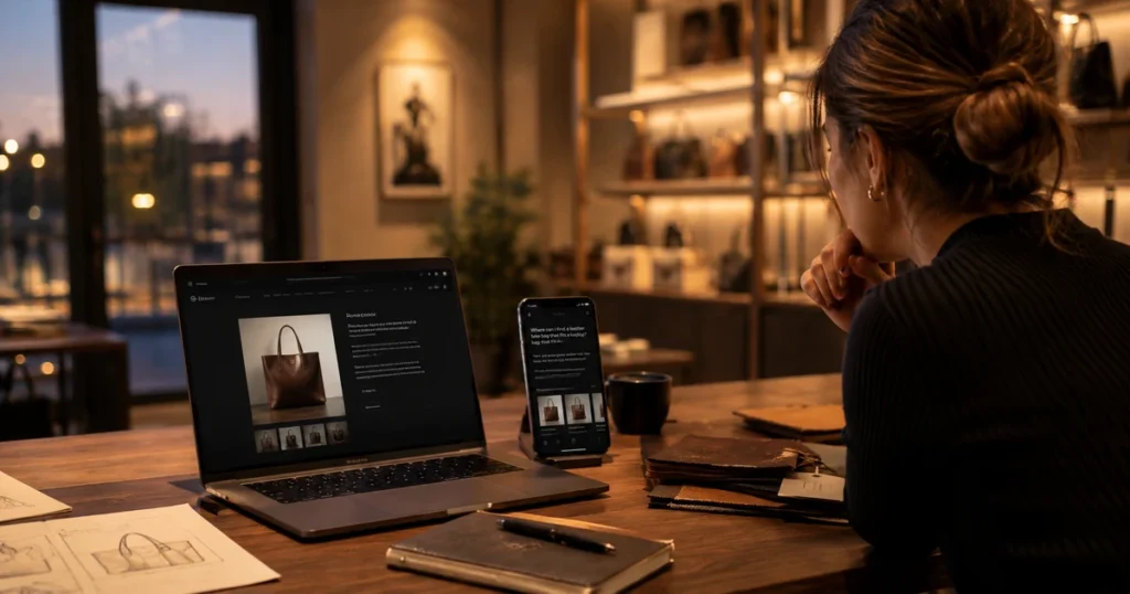Retail store owner reviewing a product page and an AI shopping assistant conversation on her phone at dusk