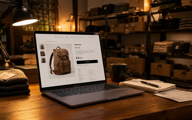 Laptop displaying a structured ecommerce product page in a small retail stockroom at night