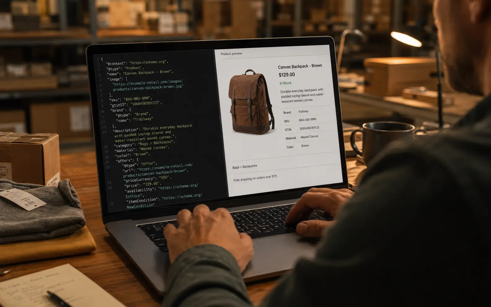 Close-up of structured data code next to a product listing on a laptop