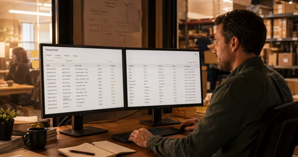 Ecommerce manager auditing a product feed spreadsheet in a warehouse-adjacent office