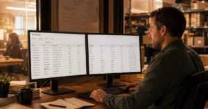 Ecommerce manager auditing a product feed spreadsheet in a warehouse-adjacent office