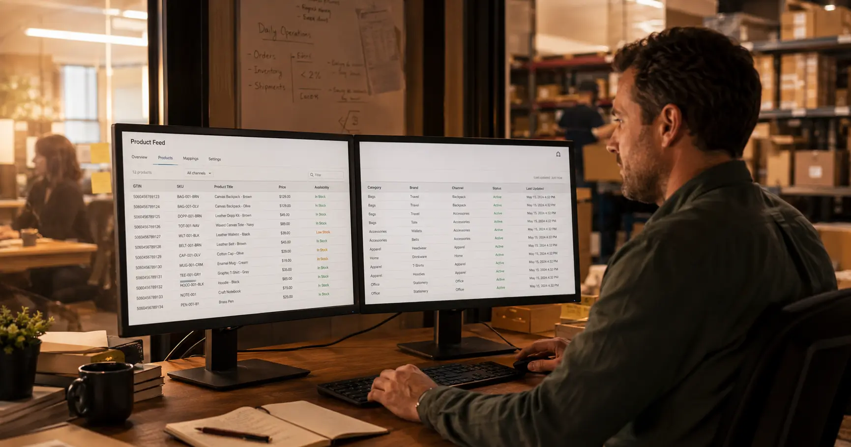 Ecommerce manager auditing a product feed spreadsheet in a warehouse-adjacent office