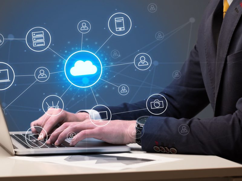Hand typing with cloud technology system concept White Label AI-Powered SEO